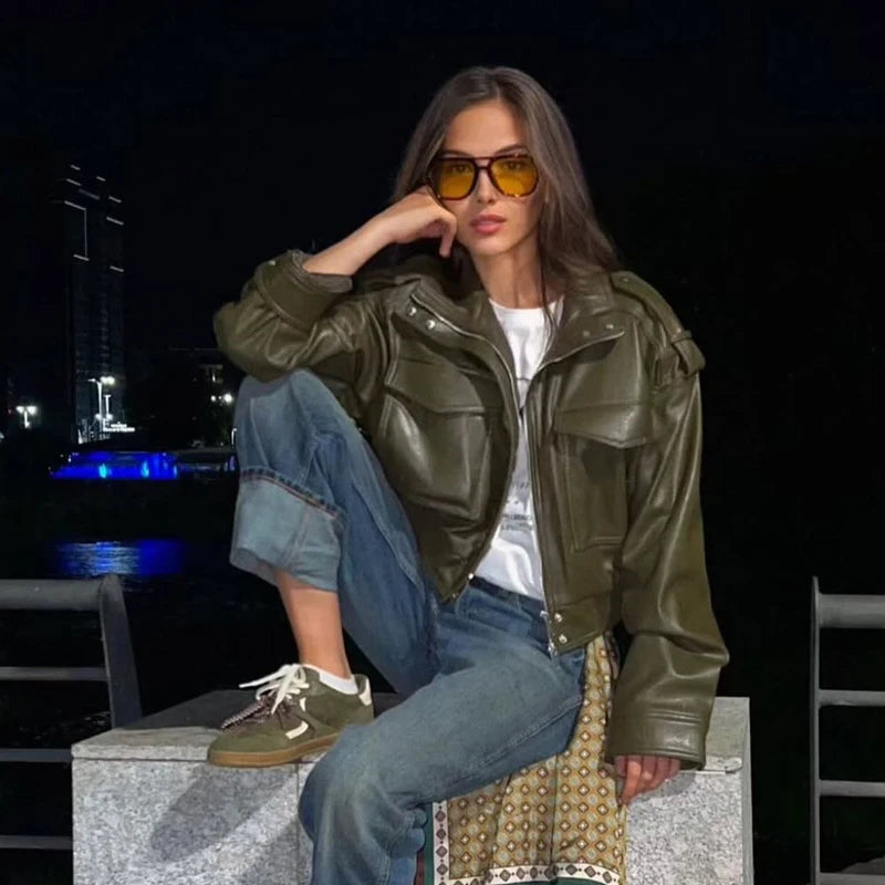 Women's Faux Leather Windbreaker Jacket