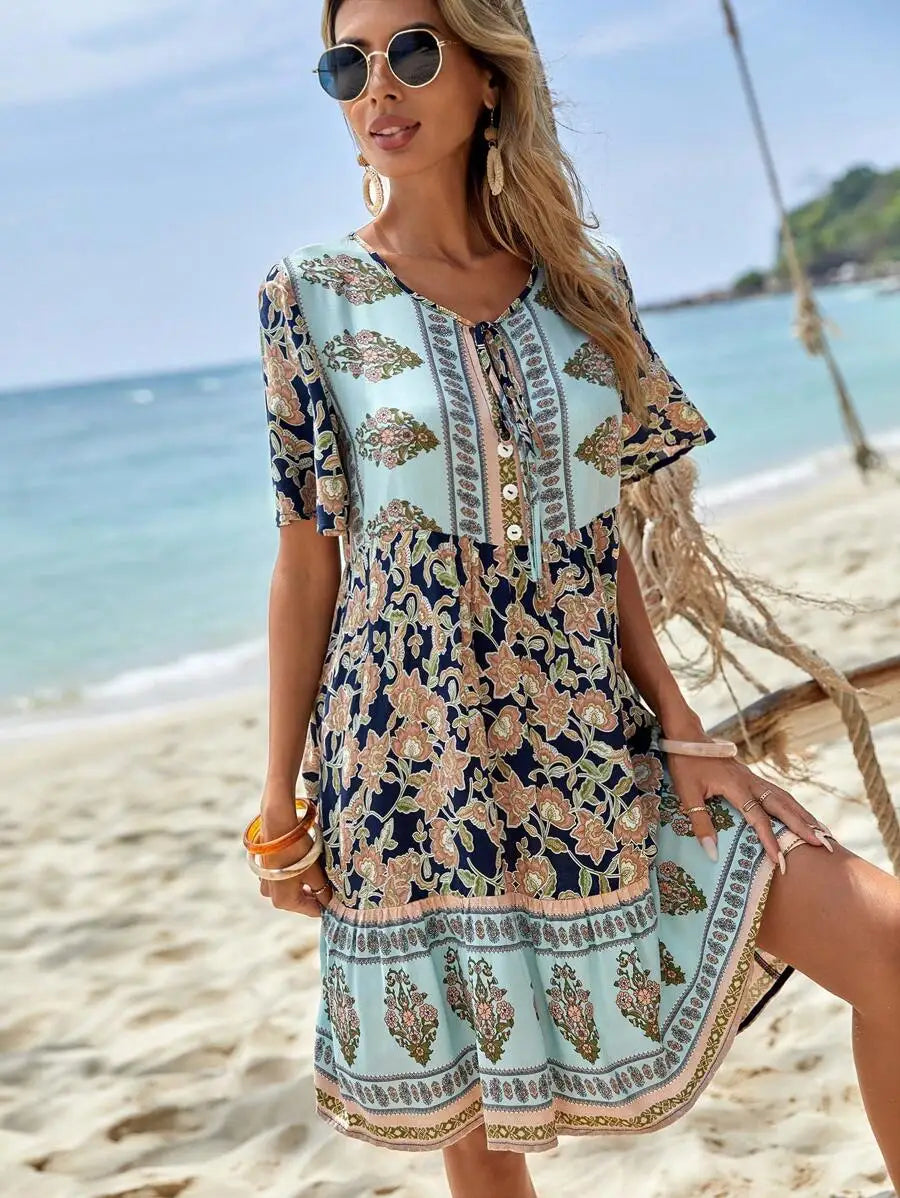 Women's Boho Floral V-Neck Mini Dress