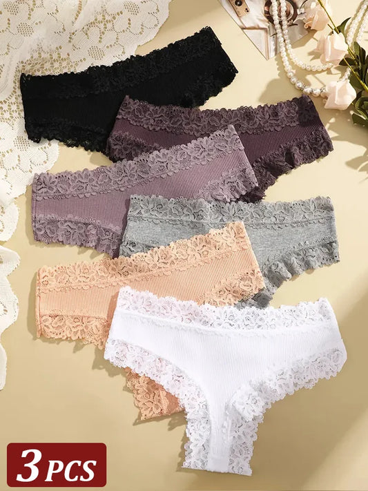 3-Pack Women's Cotton Lace Panties – Trendy Patchwork Floral Underwear