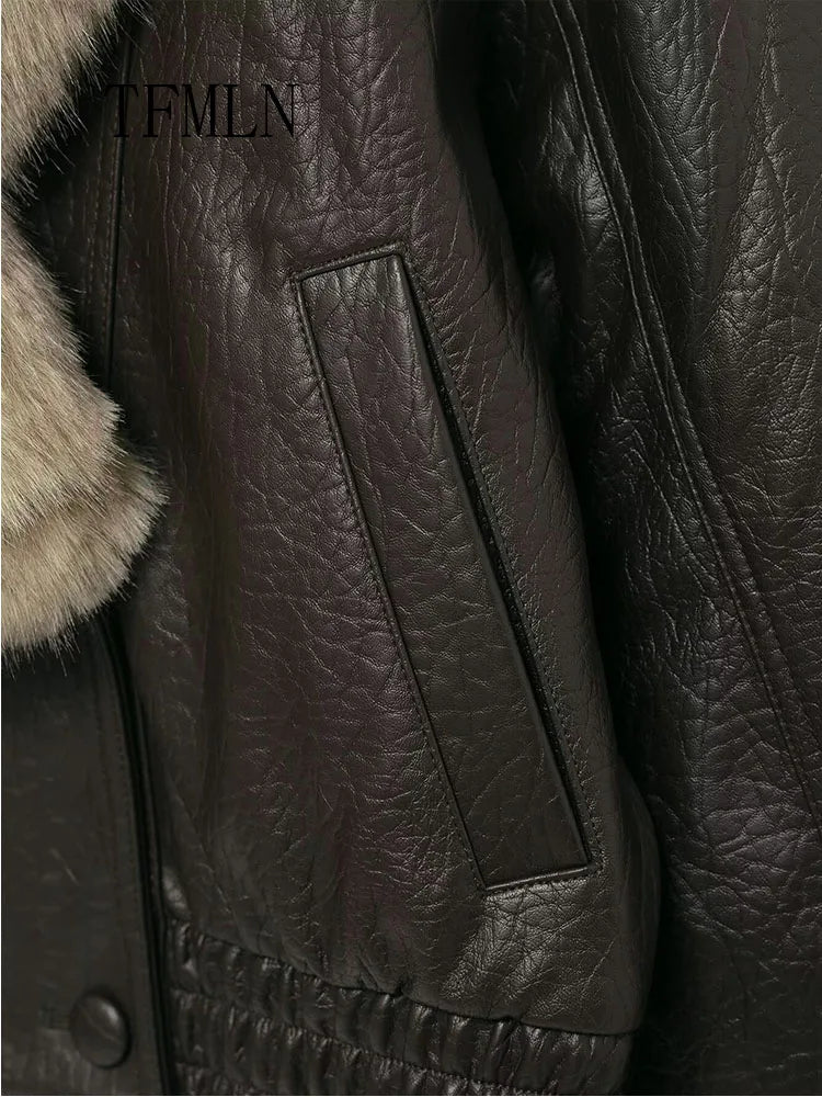 Oversized Faux Leather Fur Collar Jacket