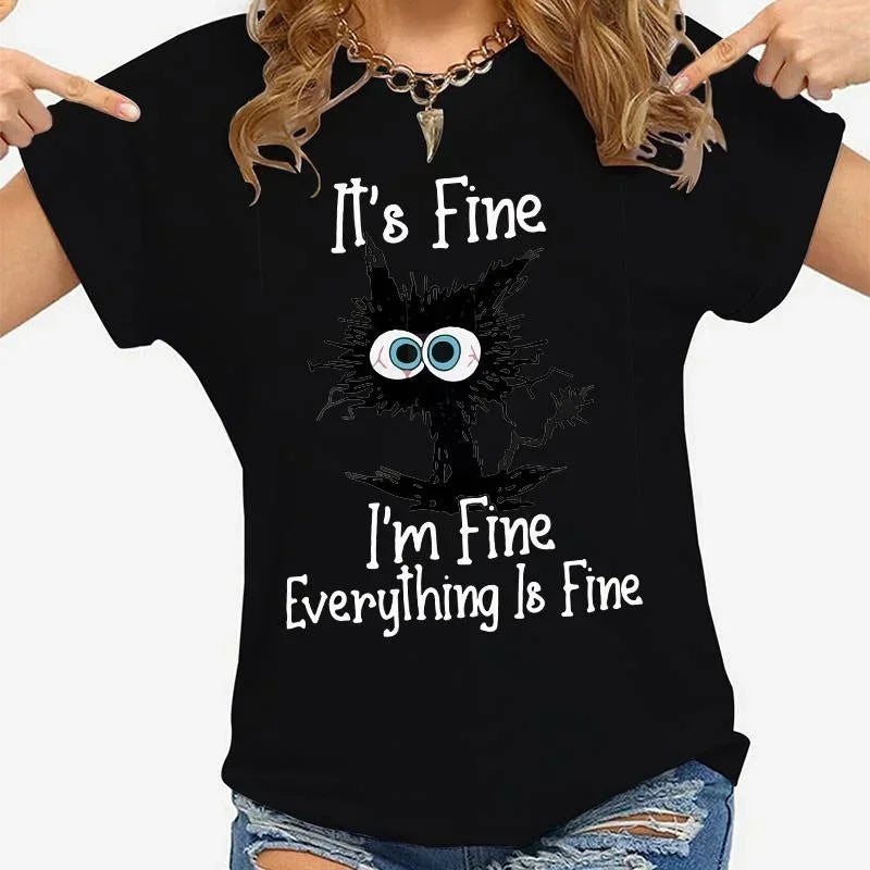 Women’s “Everything Is Fine” Cat Graphic Casual T-Shirt