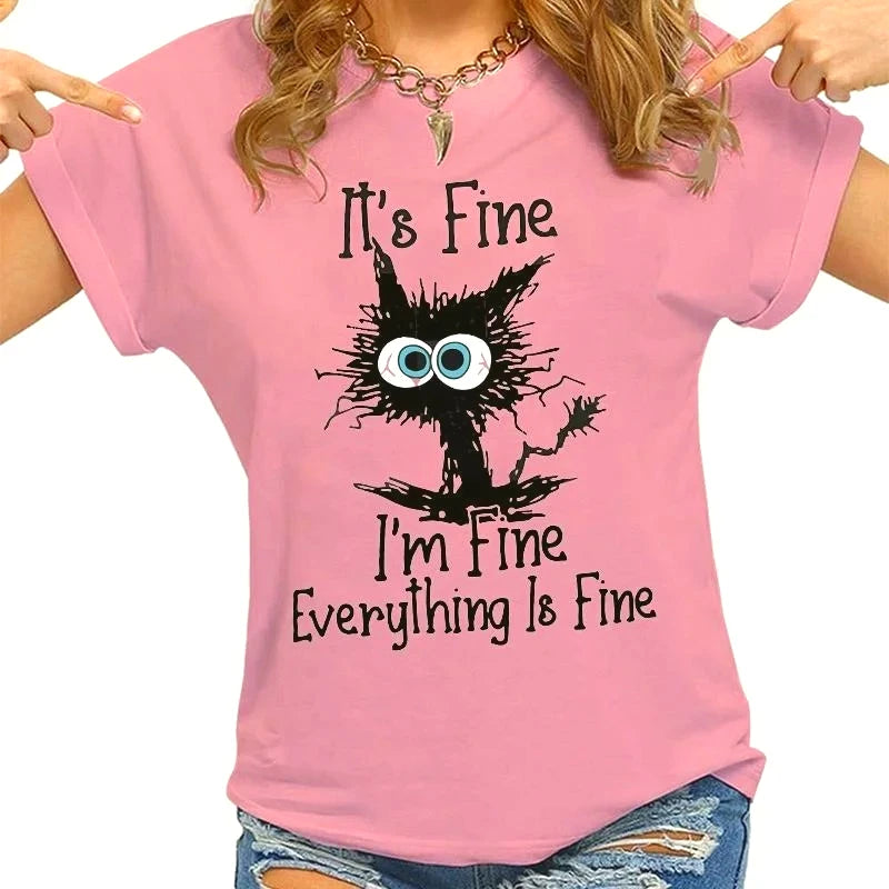 Women’s “Everything Is Fine” Cat Graphic Casual T-Shirt