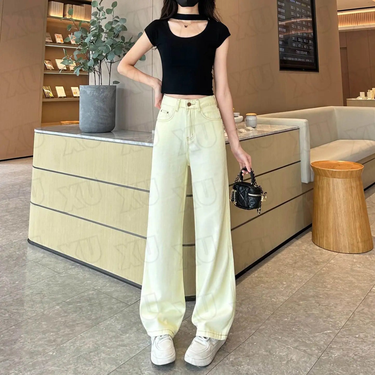 Beige High-Waisted Slim Straight Jeans