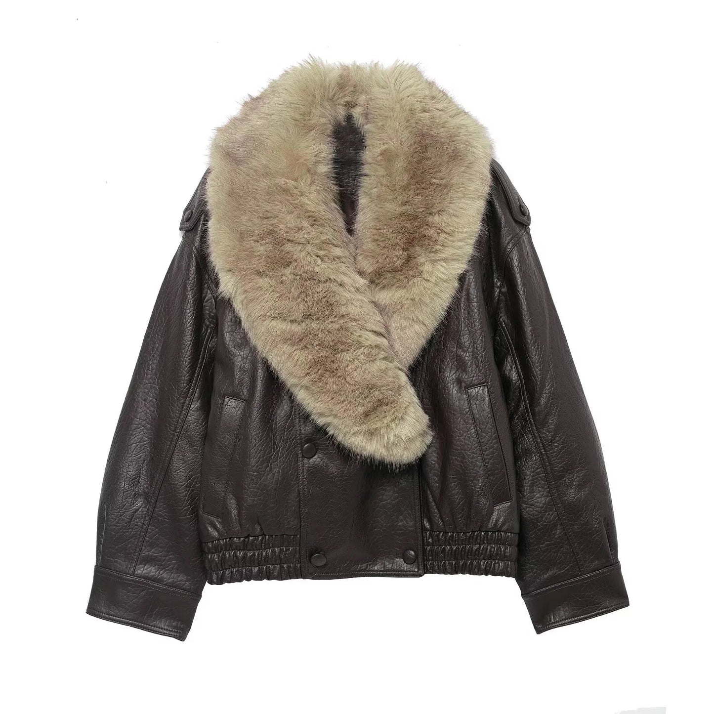 Oversized Faux Leather Fur Collar Jacket